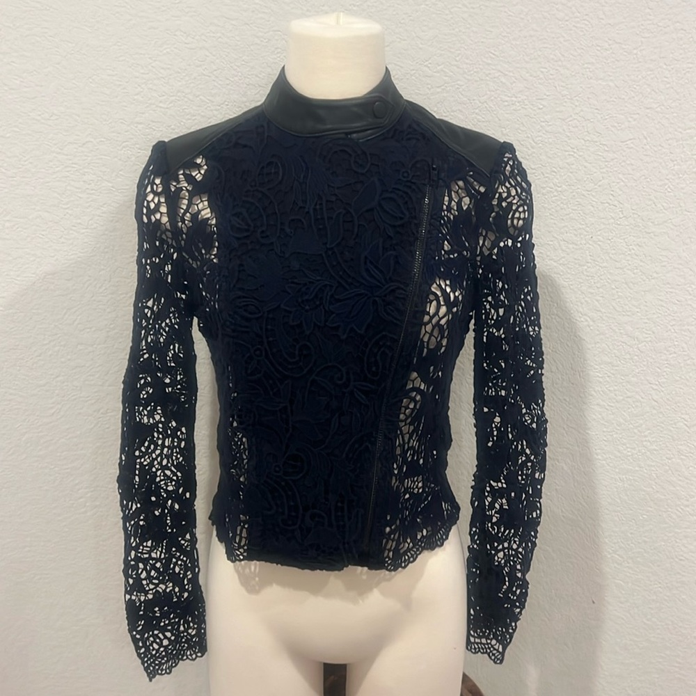 Leather in lace contrast jacket